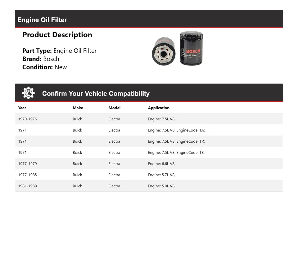 适用于 1970 - 1989 年别克 Electra Bosch 高级滤油器 1971 1973 1974 1975 — 第 2/3 张图片
