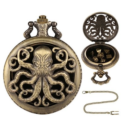 DND Dice Set 7pcs Metal Polyhedral Octopus Pocket Watch Case with Chain Bronze