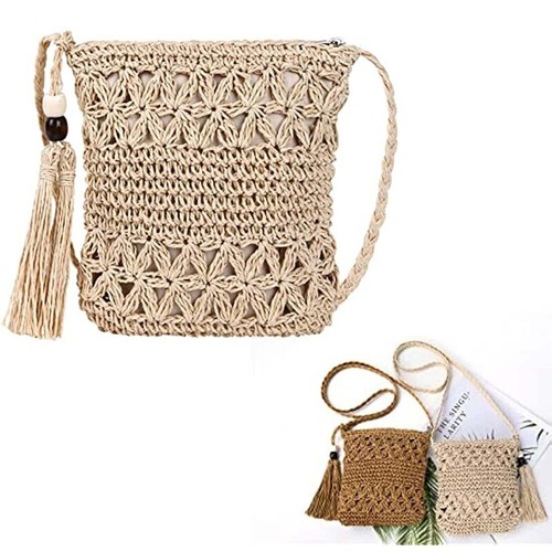 Women Boho Woven Handbag Summer Beach Tote Straw Bag Round Rattan Shoulder - Picture 18 of 26