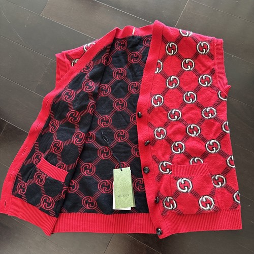 Gucci 2-in-1 women REVERSIBLE RED BLACK LOGO Wool Button Down Vest Sweater XS