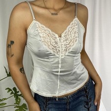 Vintage Baby Blue Lace Up Cami Camisole Tank Top Silky Xs S Ribbon Coquette