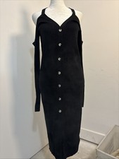 New Steve Madden LS Black Ribbed Knit Button Up Sweater Dress Med