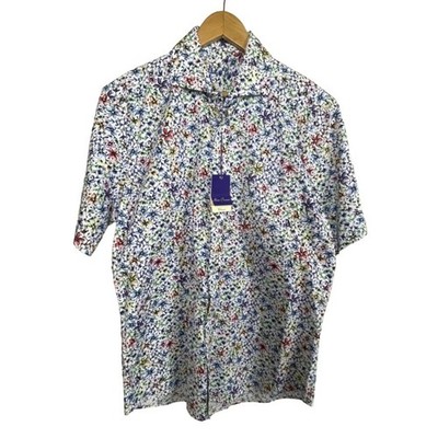 NWT Alan Flusser Mens Sz M White Blue Floral Short Sleeve Button Up Shirt