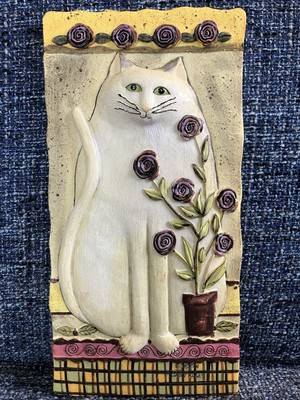 E. Smithson White Cat 'Snow Rose' 3D Resin Wall Plaque 8 x 4