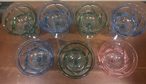 Vintage Fostoria Jamestown Sherbet Dishes Set Of 7 Green, Blue, Pink - Picture 4 of 8