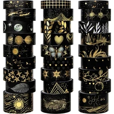 Black Washi Tape Set, 27 Rolls Gold Foil Decorative Masking White