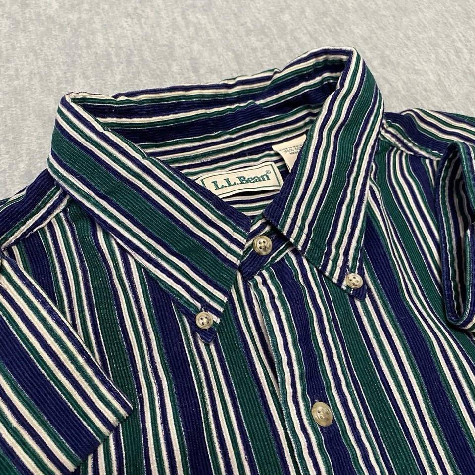 Camisa LL Bean Vintage Hombres XL Pana Terciopelo Azul Verde Rayas Verticales Años 90 Foto 2 de 4