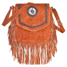 Brown American Western Crossbody Suede Leather Handbag with Fringe & Beaded