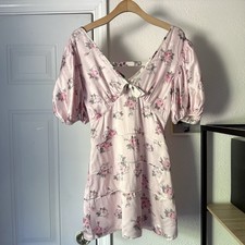 LOVESHACKFANCY pink silk floral bow v-neck back puff short sleeve mini dress￼