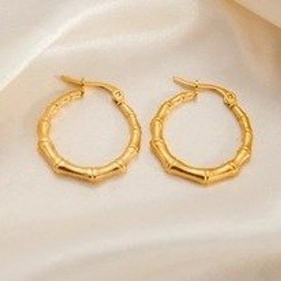 Gold Bamboo Hoop Earrings Stainless Steel Posts Textured Segmented Round Hoops