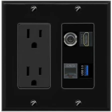 3.5mm HD PHONE USB-3 Port Wall Plate Black w Power Outlet