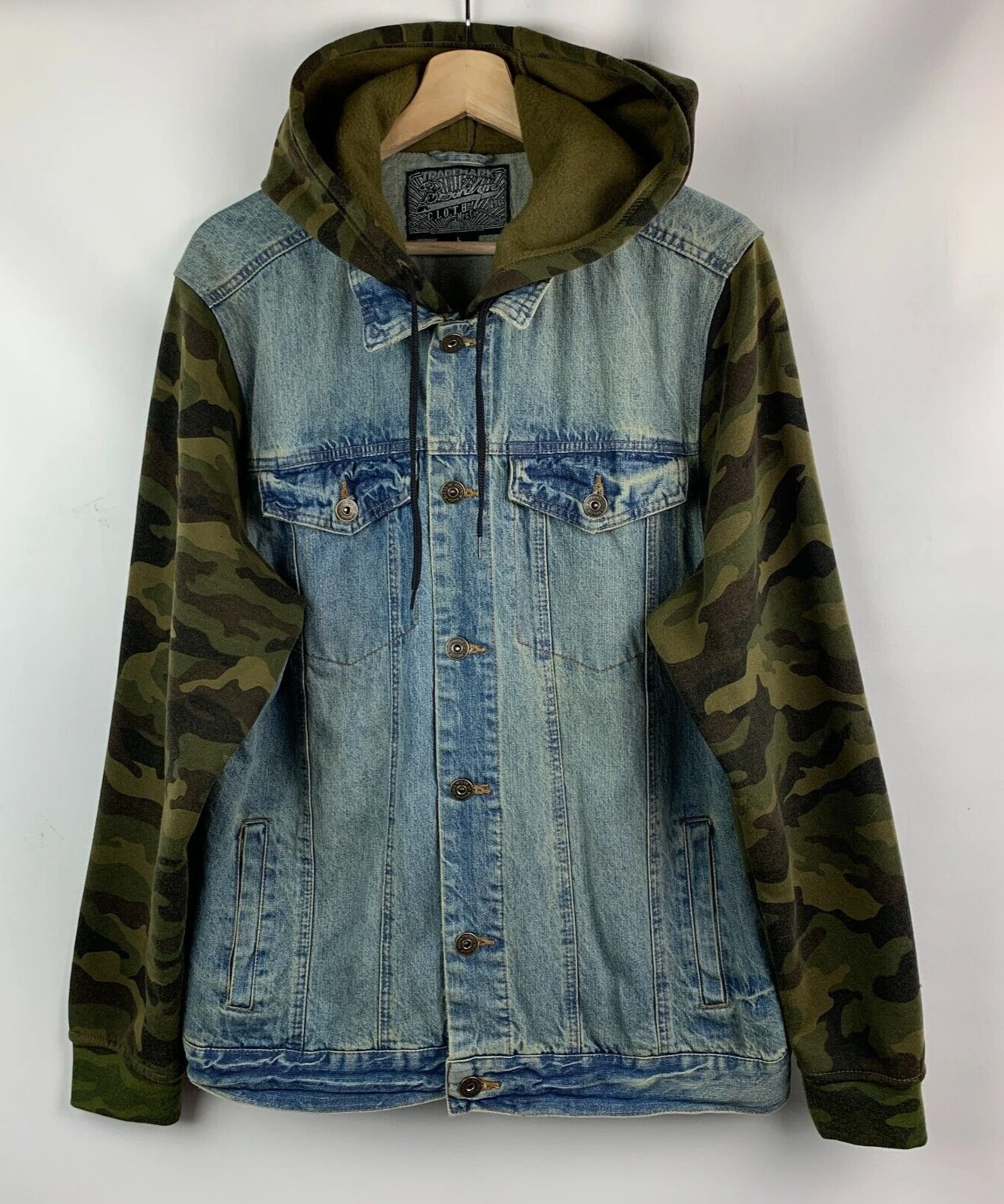 Brooklyn Cloth Blue Denim Jacket Green Camo Hood Sleeves Buttons Pockets Size L