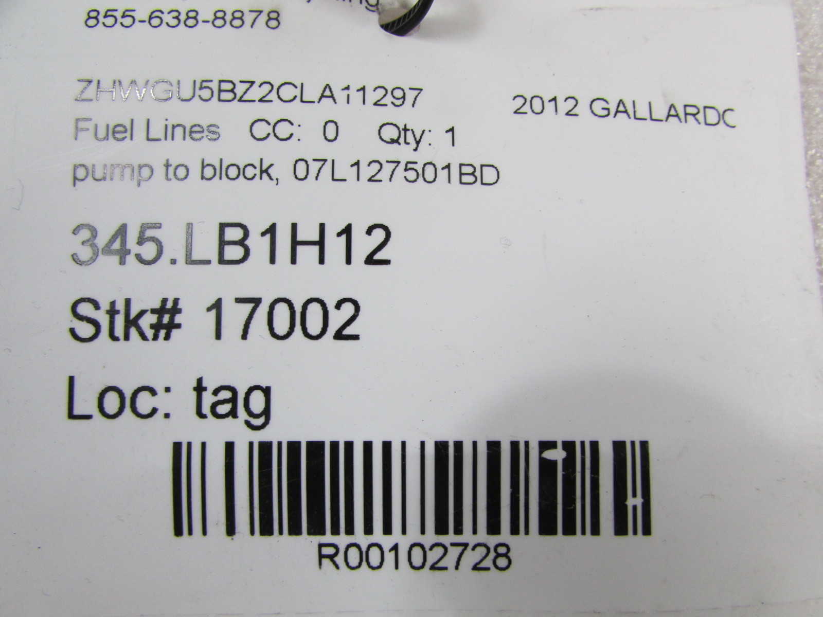 Lamborghini Gallardo, Pump to Block Fuel Line, Used, P/N 07L127501BD