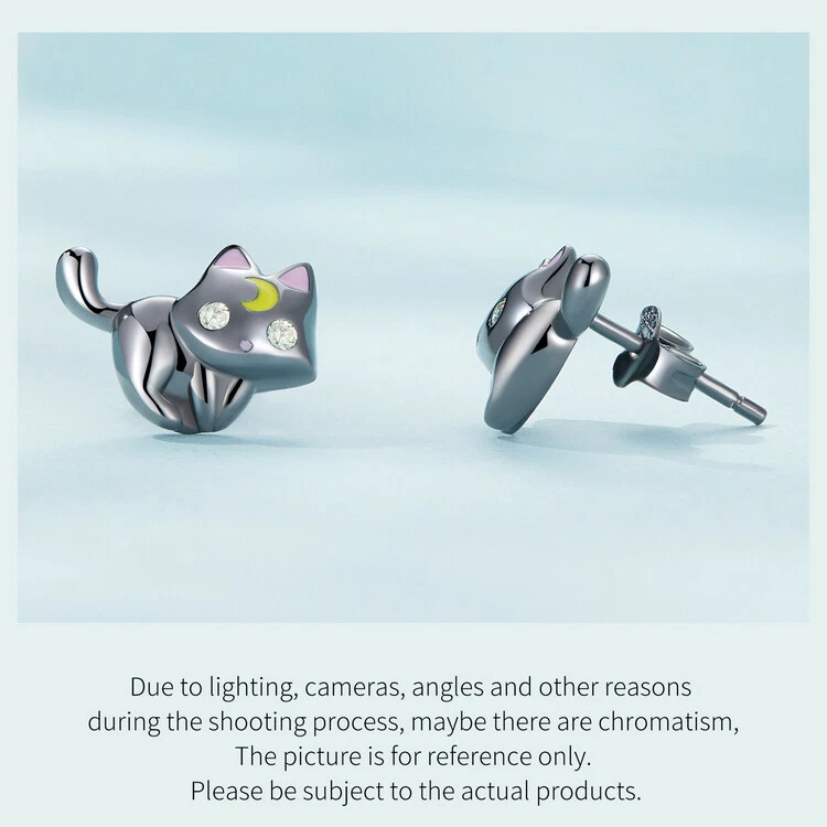 Brincos de prata esterlina 925 Wostu lua gato preto presente da sorte joias engraçadas femininas - Imagem 4 de 4