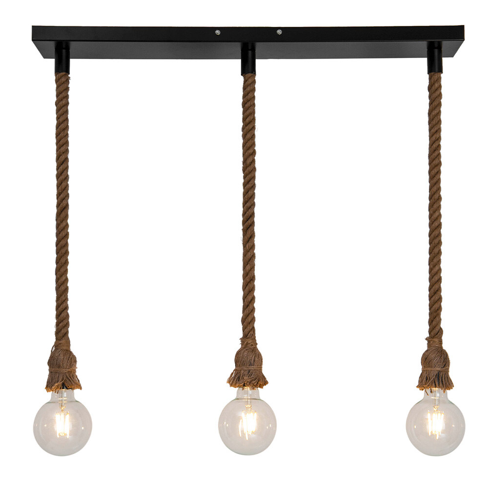 Suspension LED Mila 100cm en métal noir et corde naturelle réglable