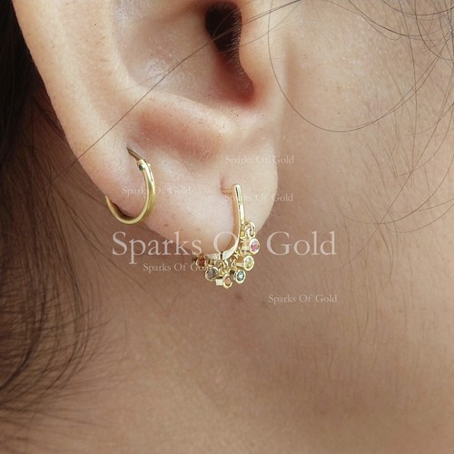 Real 0.20 Ct Multi Sapphire Chandelier Huggie Hoops Earrings 14KT Gold Jewelry - Picture 4 of 10