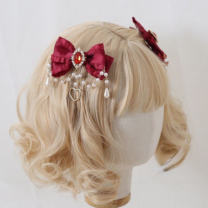 2X Beaded Lady Lolita Hair Clip Bow Rhinestone Headdress 2X Beaded Lady Lolita Hair Clip Bow Rhinestone Headdress