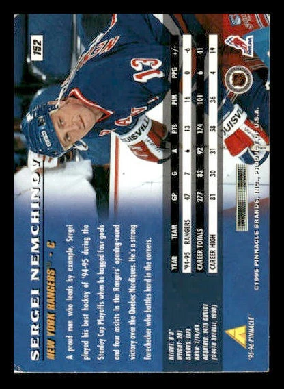 1995-96 Pinnacle #152 Sergei Nemchinov New York Rangers - Image 2 of 2