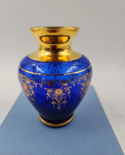 Cobalt Blue Vecchia Murano Vase Venetian Art Glass 24K Gold Leaf SIGNED 5" H