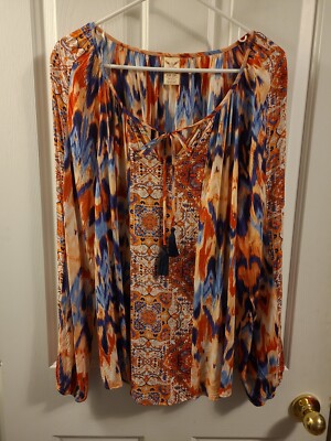Faded Glory Women's Size XXL (20) Multicolored Blouse Top With Tassle 100% Rayon