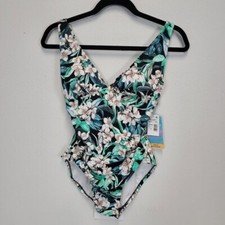 Swim Solutions Plunge Tummy Control One-Piece swim suit womens 8 floral NWT