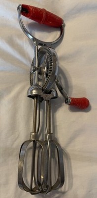 Vintage Antique Metal Hand Held Manual Mixer Egg Beater Whisk Red Handle