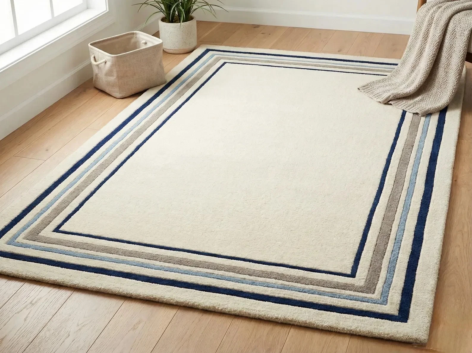 Hand Tufted Wool Area Rug 5x8 Modern Cream Rug with Blue Border Area Rug Carpet.