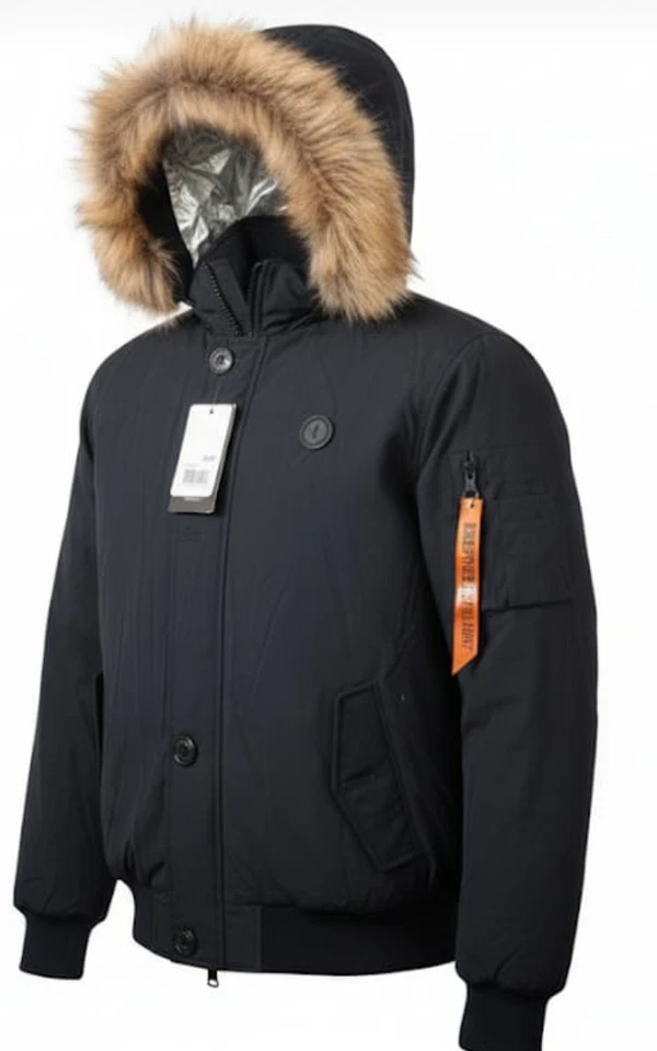 Giubbotto Bomber Uomo Invernale con Cappuccio Pelliccia Sintetica Nero Elegante - Imagen 2 de 4