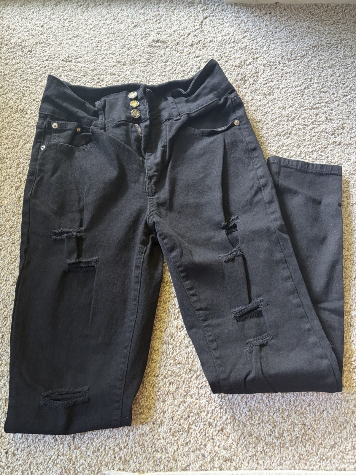 Womens Black Distressed Skinny Jeans Size 10 High Rise Stretch Denim Ripped