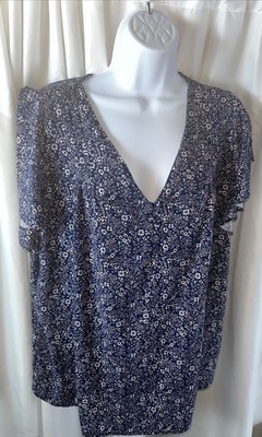 Jones & Co Women s Floral Navy Blue V-neck Blouse Suze 1X Cottagecore Fairycore 
