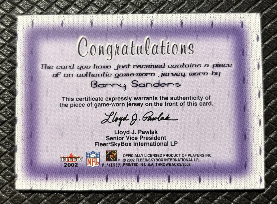 BARRY SANDERS 2002 Fleer Throwbacks Classic Clippings 3 Color Game Worn Patch SP - Image 2 of 2