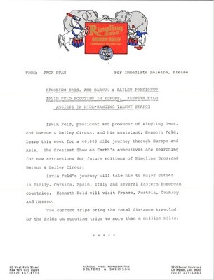 Ringling Bros. 1972 Press Release & Envelope Talent Scouting Europe Asia