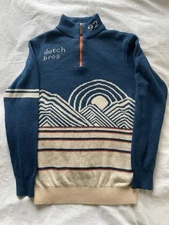 Dutch Bros Coffee 92 Knitted Sunset & Mountains Sweater 1/4 Zip Size XL Blue 