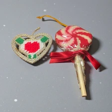 Handmade Heart & Lollipop Christmas Ornaments Set - Needlepoint Design (C1)