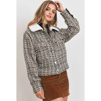 Sweet Rain Tweed Jacket with Sherpa Collar Trucker Jacket Blue 