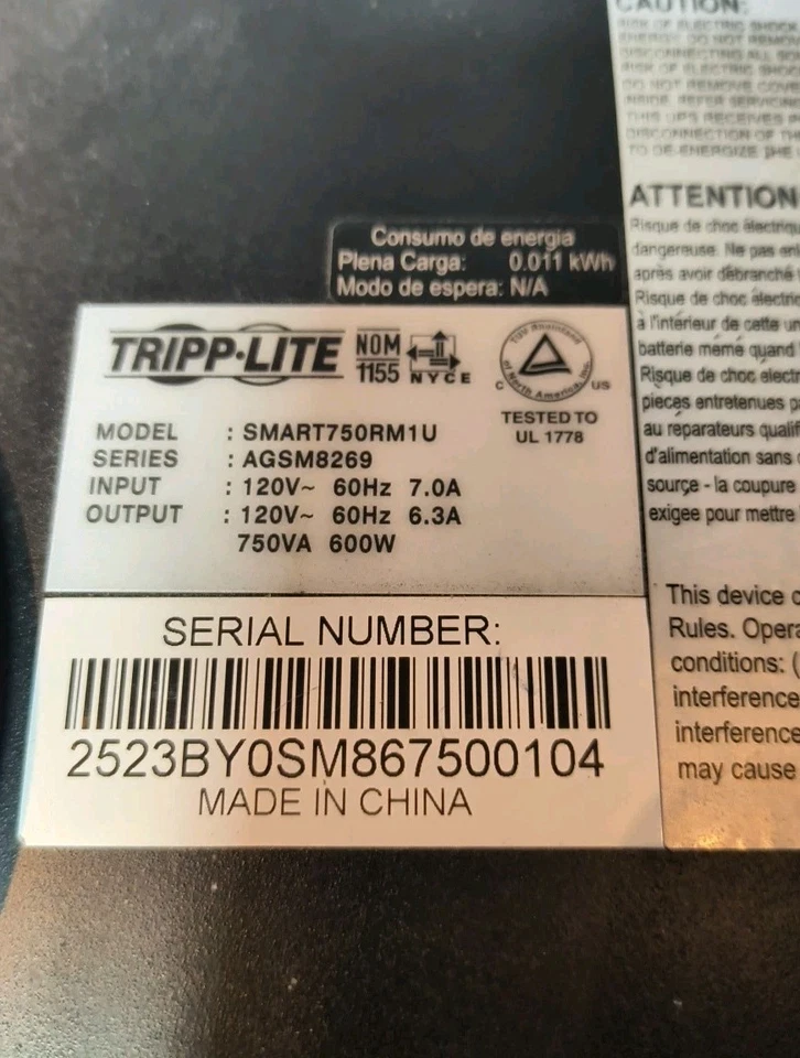 UPS Tripp-Lite Smart Pro Smart750RM1U, entrada: 120V/60Hz 7A - SOLO PIEZAS  Foto 4 de 4