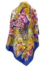 AS3# Vintage Silk Scarf Jungle Leopard Floral Tropical Orchid Print Blue
