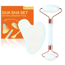 Opal Gua Sha and Face Roller, Real Jade Gua-Sha Stone Facial Tools Set for Re...