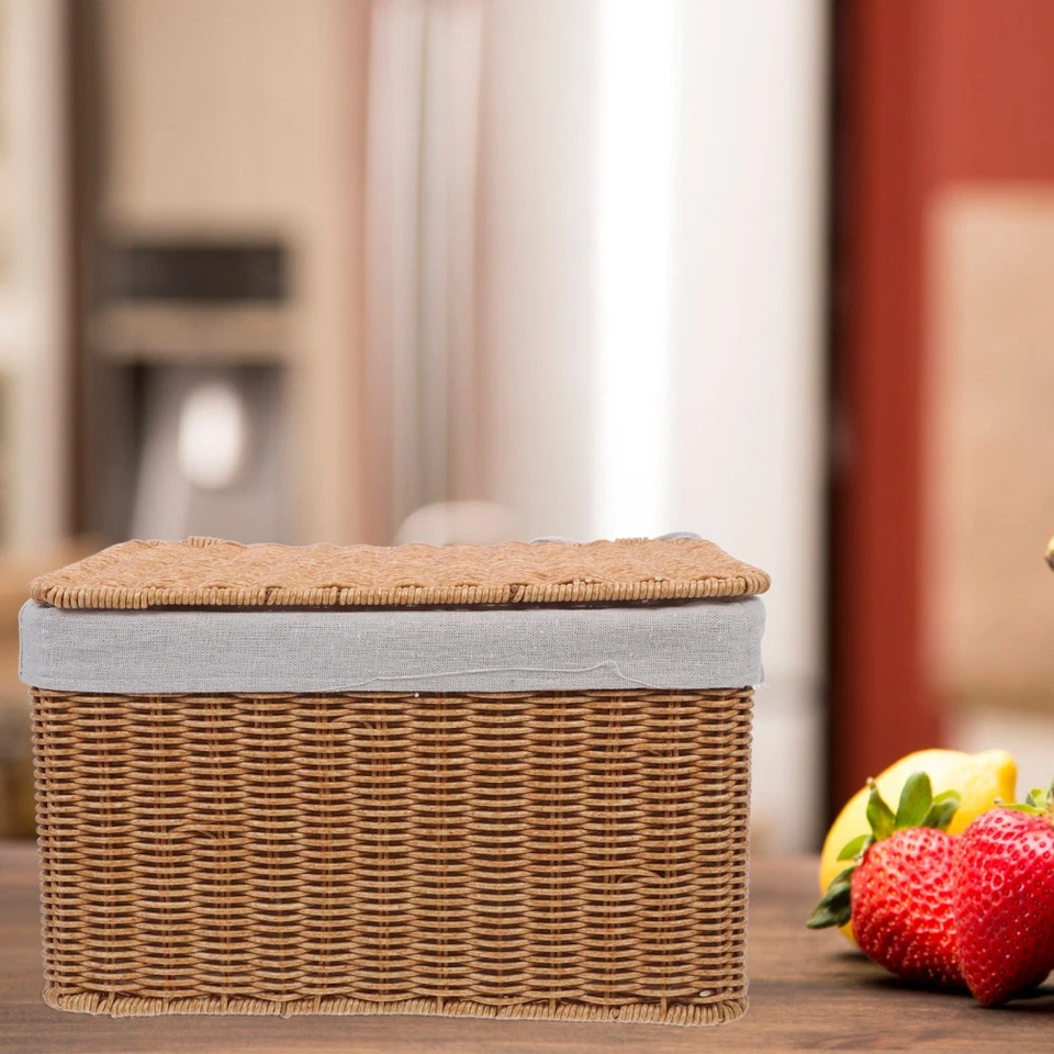 Rectangular Rattan Storage Basket With Lid And Liner Woven Wicker Box Sundries - Image 4 of 4