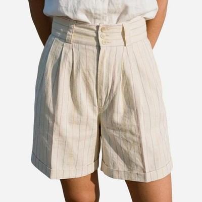Vtg 80s Esprit Women's High Waist Pleated Striped Shorts W Buttons Cotton Sz 3/4