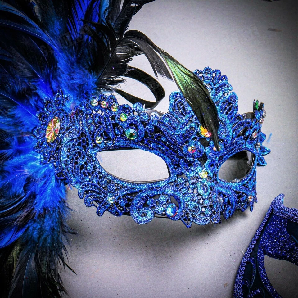 Pareja Máscaras Mascarada Fantasma Hombres y Mujeres Pluma Lateral Venecia Máscaras Conjunto Azul Foto 2 de 3
