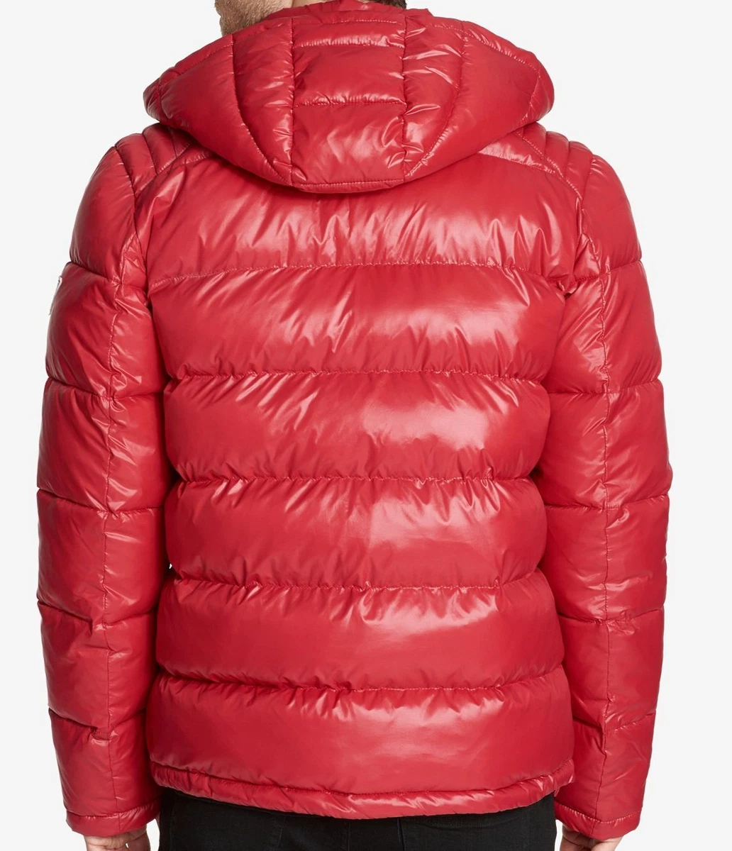 225 Guess Men s Red Full Zip Waterproof Hooded Quilted Puffer Coat Jacket M