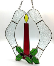 Christmas Candle Holly Berries Leaded Stained Glass Hanging Window Sun Catcher