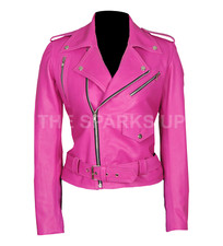 Women's Jessica Alba Hot Pink Stylish Biker Wear Faux Leather Jacket