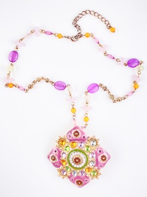 Large Colorful Purple Enamel Pendant Necklace Cabochon and Faceted Gemstones