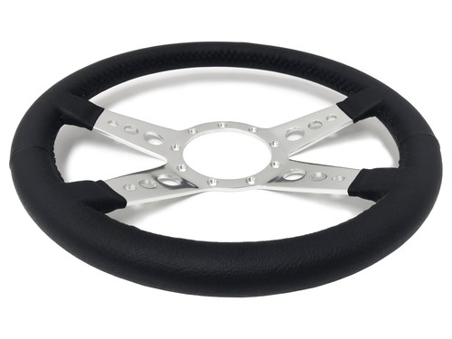 VSW 14 inch Leather Steering Wheel, 9 Bolt 4-Spoke with Holes design 2 inch Dish - Picture 2 of 6