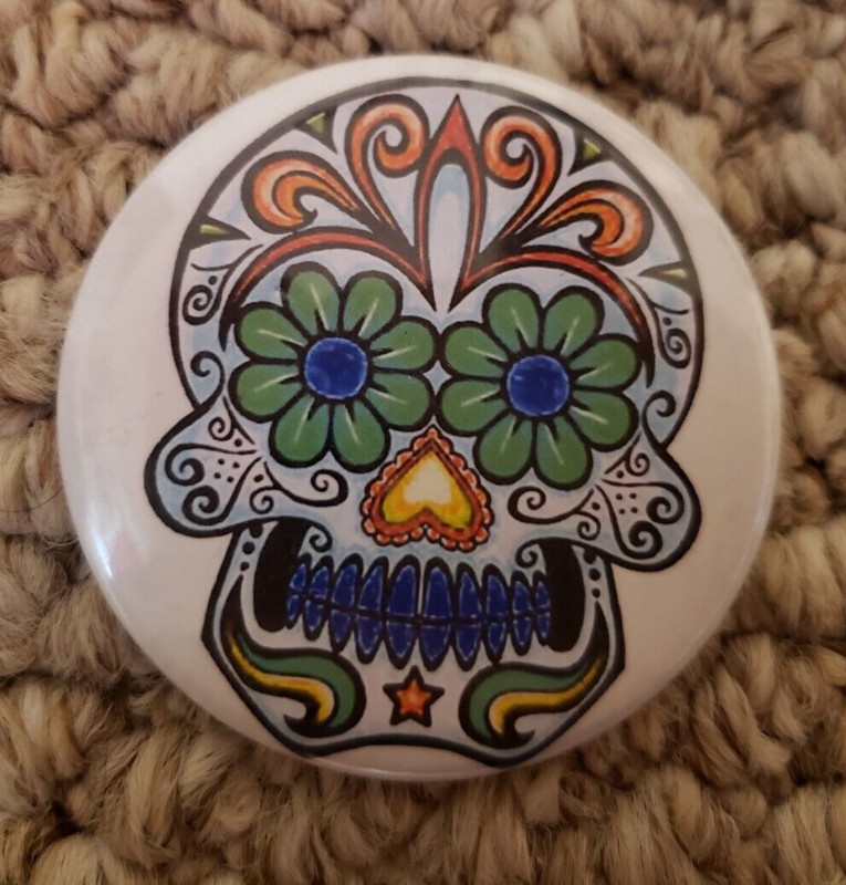 Cool Sugar Skull Button Dia De Los Muertos Vaquero Backpack Jacket Pin 2"