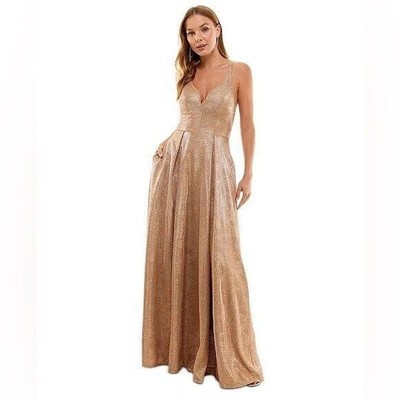 CITY STUDIOS Juniors' Metallic Pleated X-Back Gown, evening dress 9 P glam