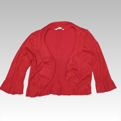 Peter Nygard Rüschen Strickjacke groß rot Glitzer Glockenärmel Zopfmuster Fee Achselzucken