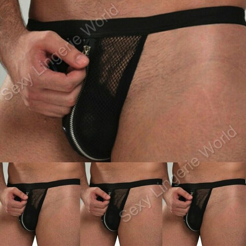 Men Special Underwear Zipper Thong Fishnet Faux leather Penis Pouch Sexy Pants X - Picture 18 of 45